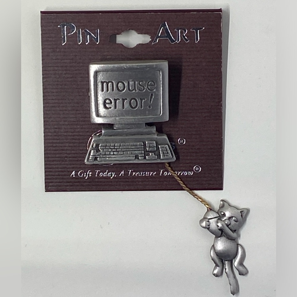 JJ Vintage Funny "Mouse Error!" Dangling Cat Pewter-Toned Pin Brooch NWT